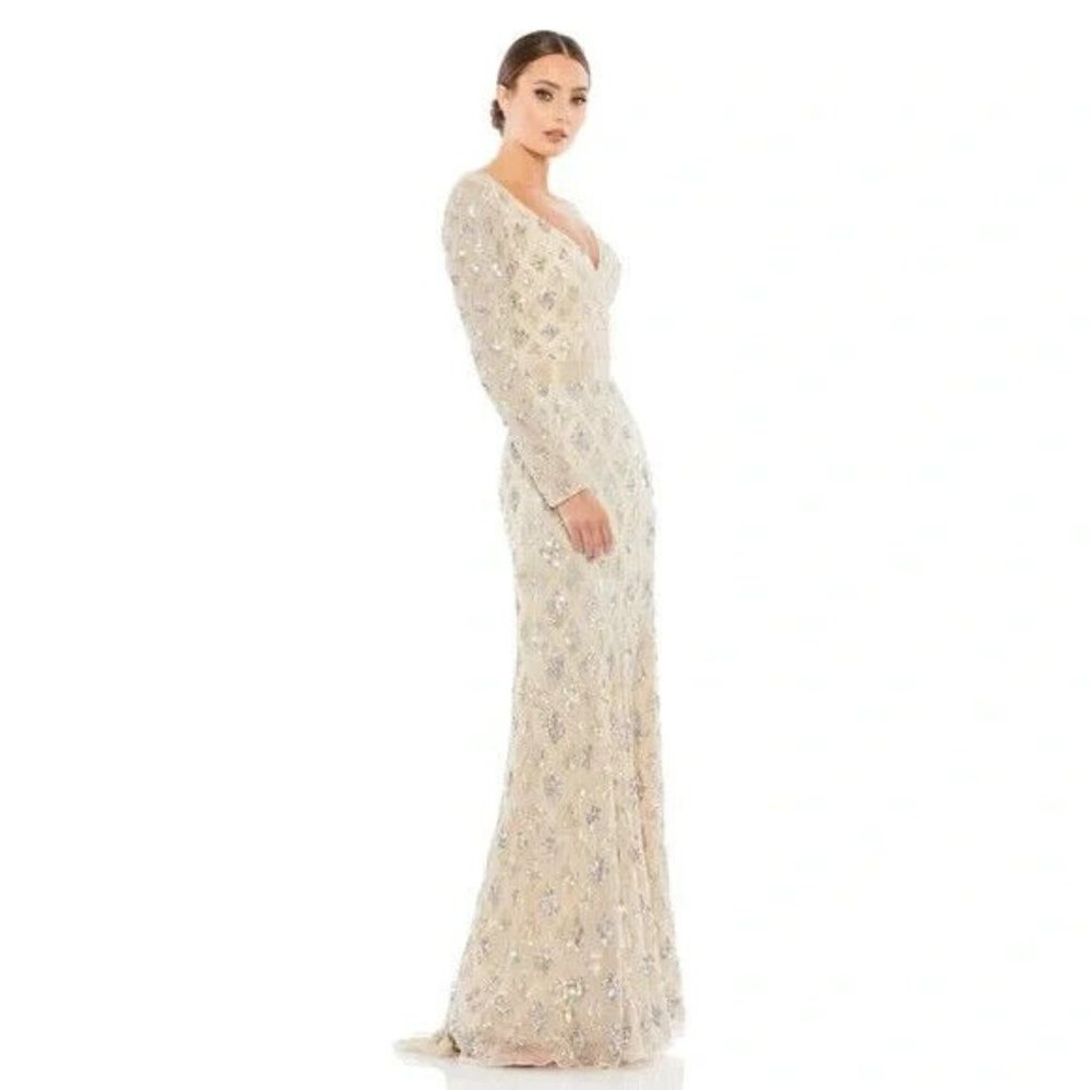 Mac Duggal Dress 5021 Geometric Embellished Evening Gown Long Sleeve - Picture 3 of 16